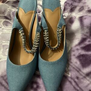 Elegant Blue Denim Women's Shoes with Rhinestone Detail